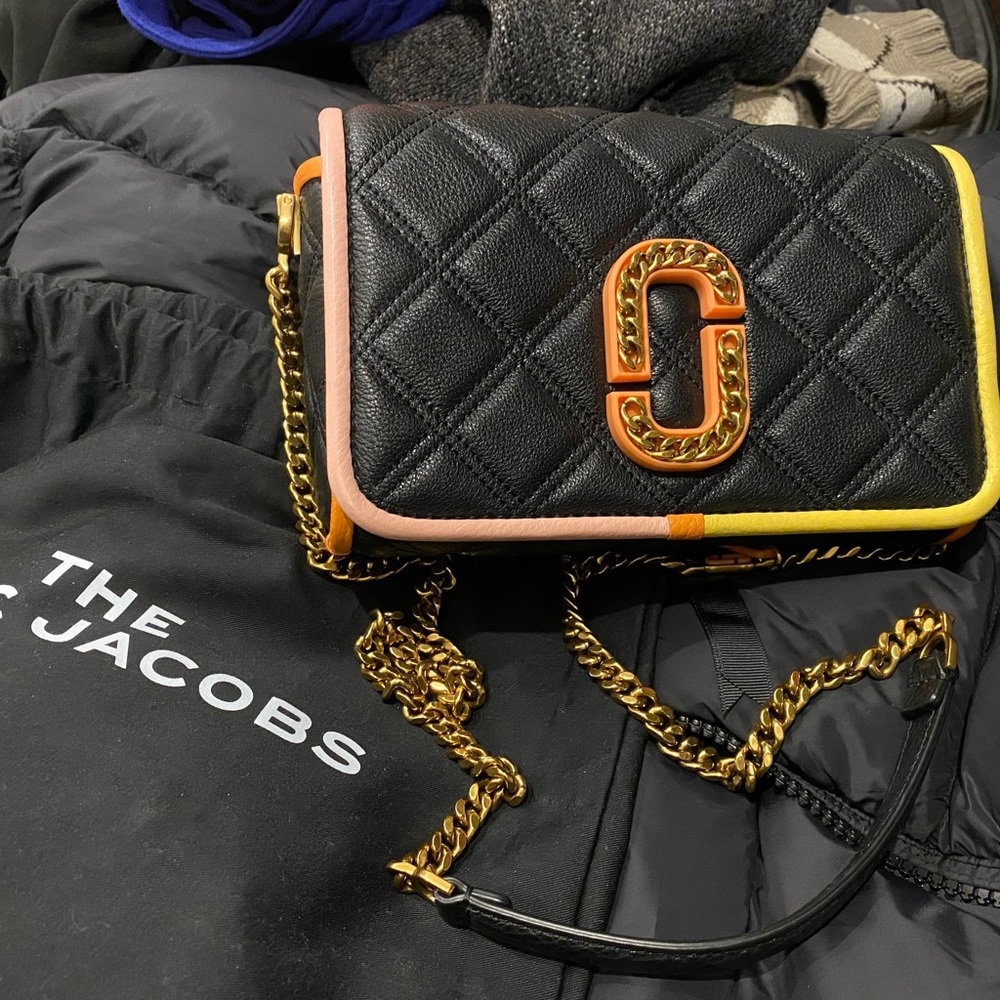 Marc Jacobs Black Quilted Crossbody Bag with Gold Chain and Pink Yellow Accents
